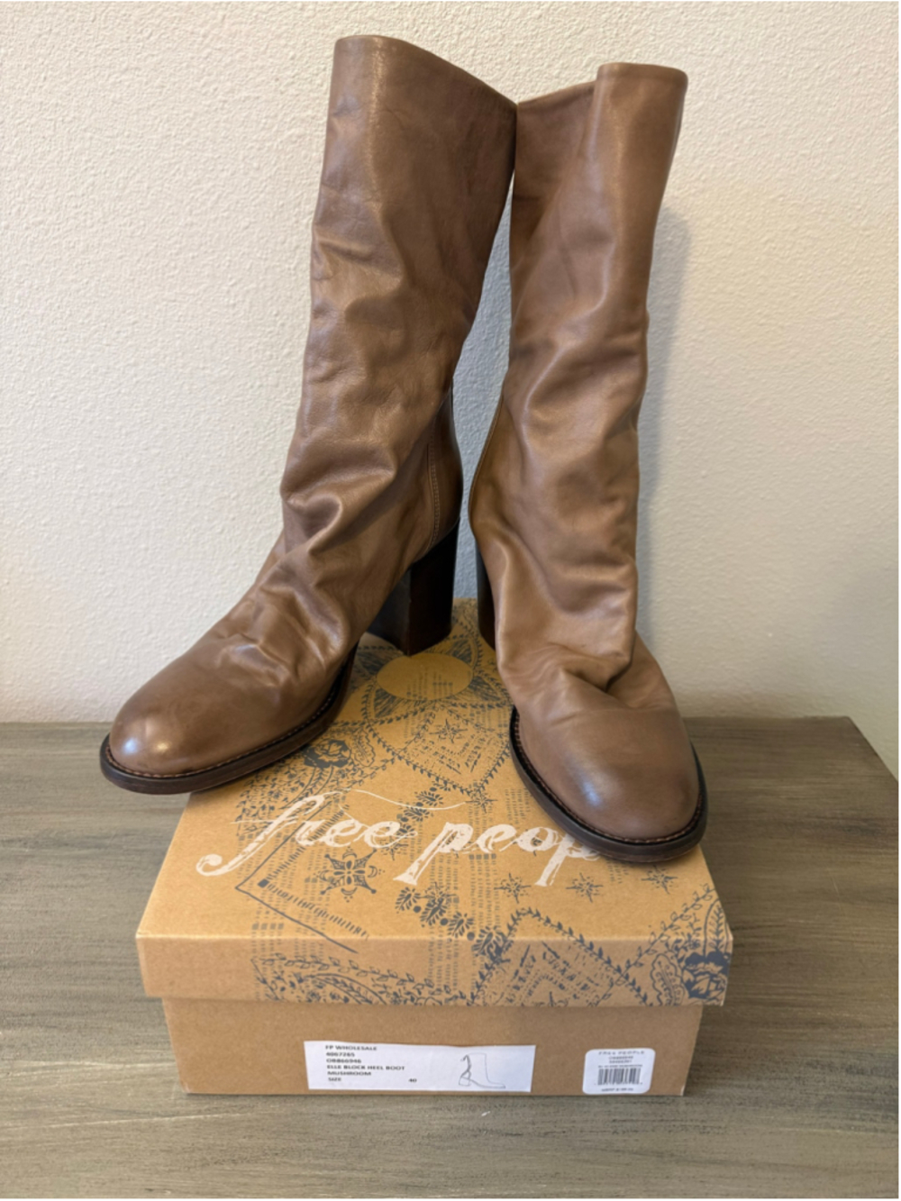 NIB Free People Elle Block Heel Leather Boots Mushroom 40 / US 10